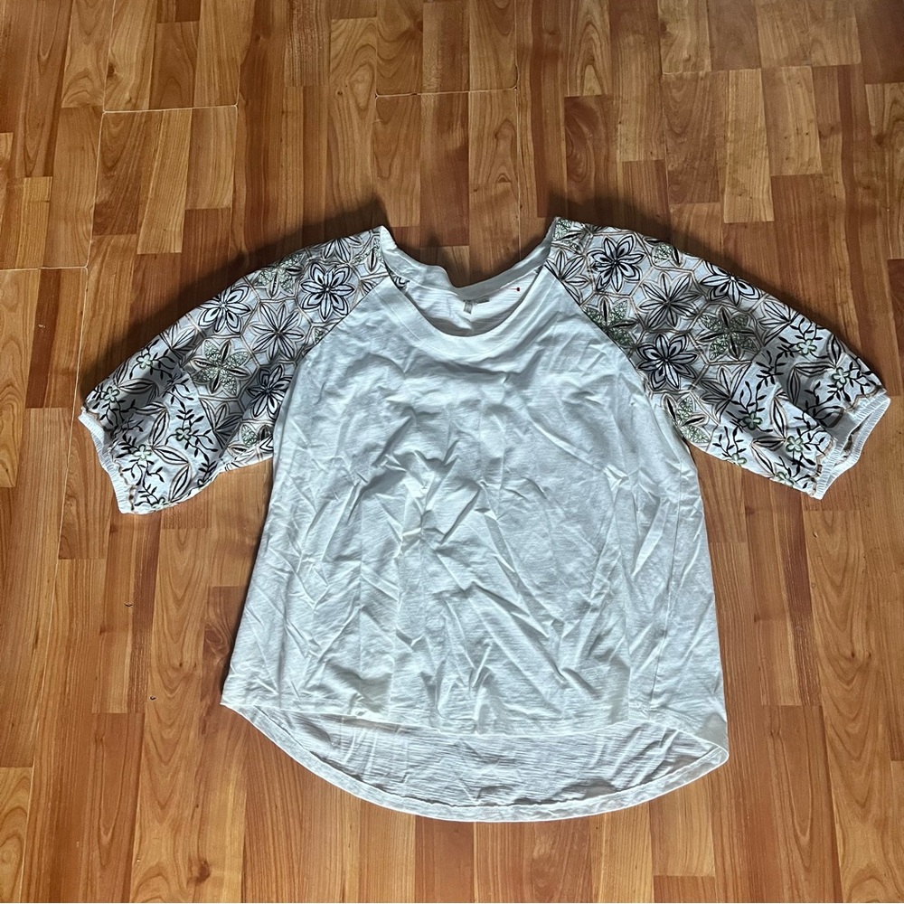 Cato White Top with Floral Embroidered Sleeves Cotton/Modal Blend